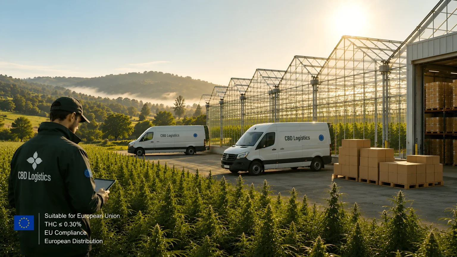 Operatore di produzione controlla un tablet davanti a serre di coltivazione di canapa industriale con furgoni per la distribuzione di prodotti CBD & CBG conformi alle normative dell'Unione Europea.